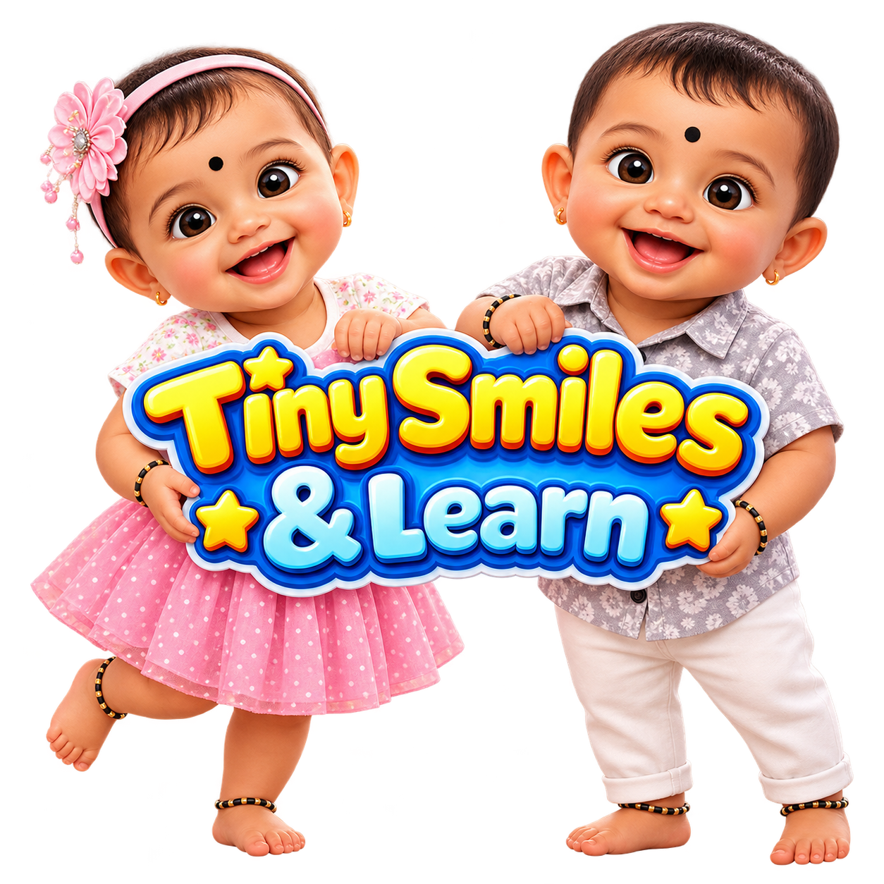 Two smiling children holding the Tiny Smiles & Learn logo